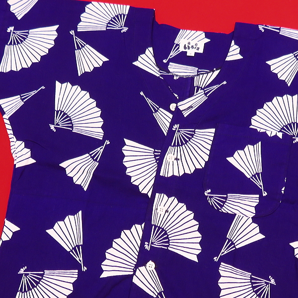 東京いろは、オリジナル鯉口シャツ 扇子（紺紫） 注染 手拭生地 ダボシャツ
